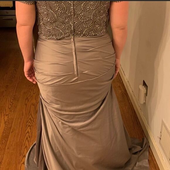 NWT LA Femme champagne colored ruched gown with beaded back and sleeves. - Picture 9 of 14